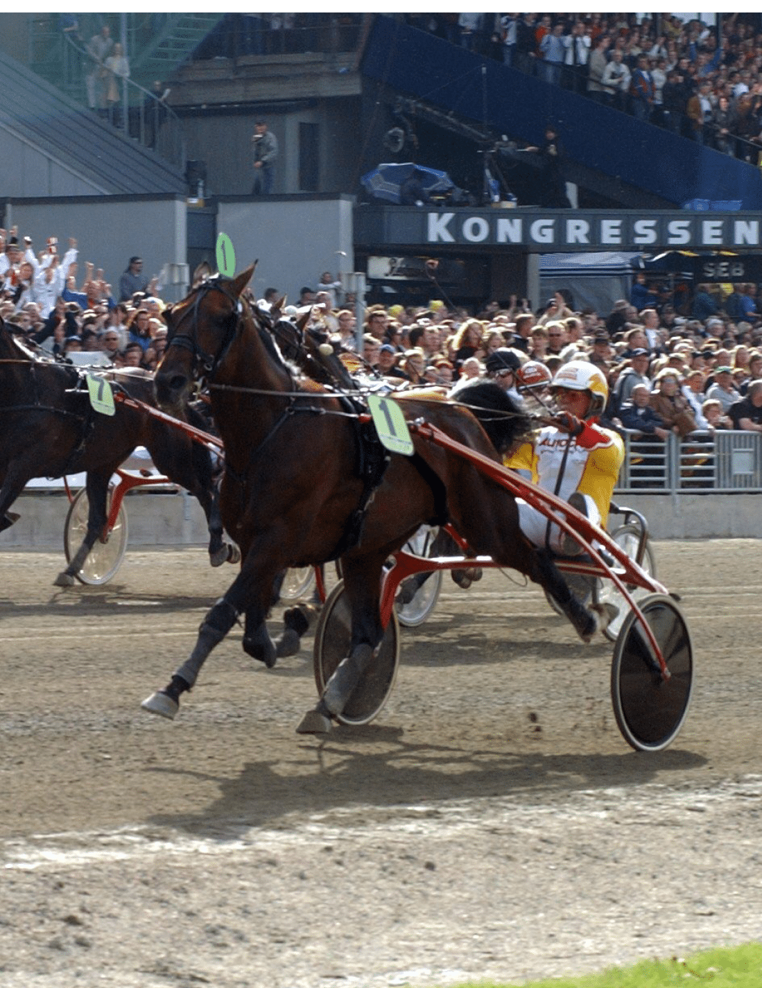 A harness race is taking place with horses pulling sulkies driven by adults in colorful racing attire in front of a large crowd at a racetrack. Description generated by AI