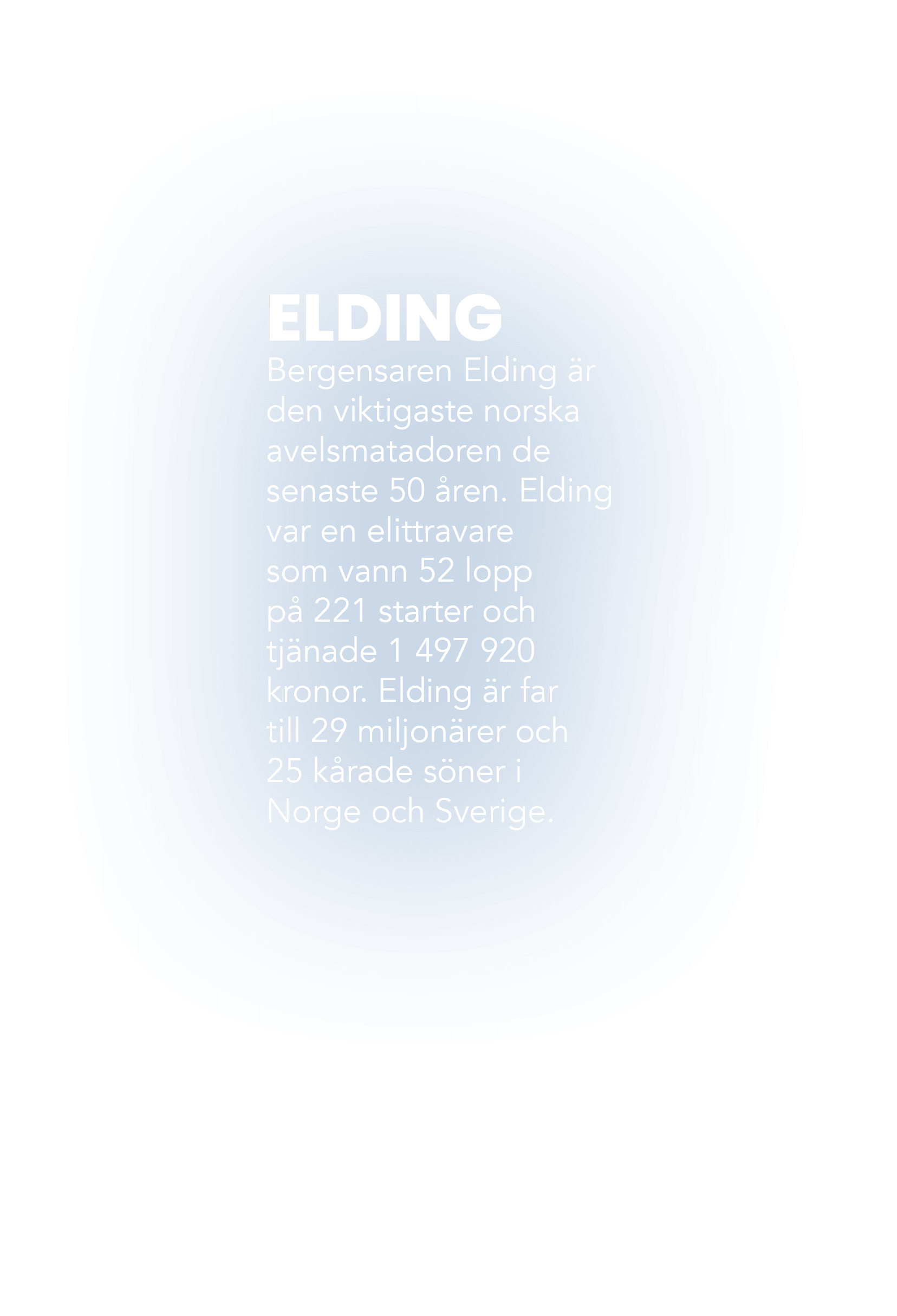 ELDING Bergensaren Elding r den viktigaste norska avelsmatadoren de senaste 50  ren. Elding var en elittravare som v...
